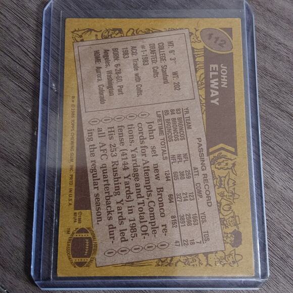 John Elway 1986 Topps 112  $200  Not Graded - Picture 2 of 2